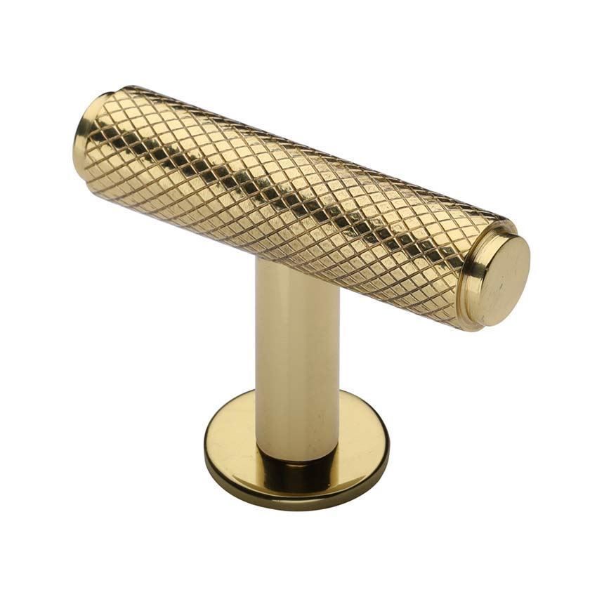 Knurled T-Bar Cabinet Knob in Polished Brass on a Rose - C4416-PB