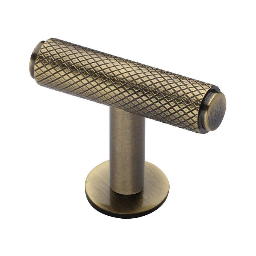 Knurled T-Bar Cabinet Knob in Antique Brass on a Rose - C4416-AT 