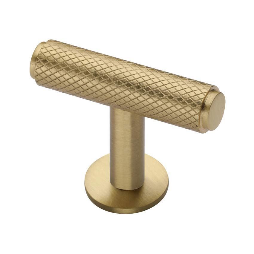 Knurled T-Bar Cabinet Knob in Satin Brass on a Rose - C4416-SB 