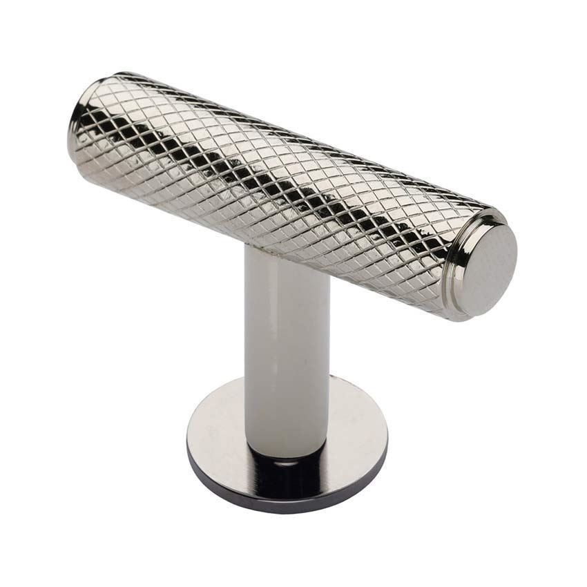 Knurled T-Bar Cabinet Knob in Polished Nickel on a Rose - C4416-PNF 