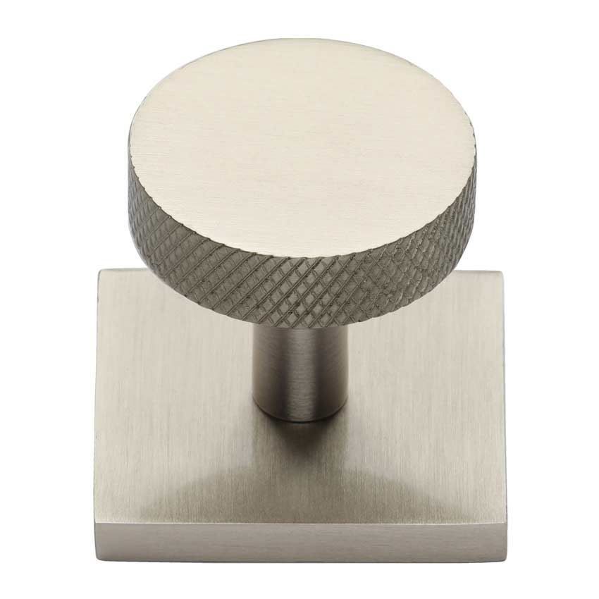 Disc Knurled Design Cabinet Knob on a Square Backplate in Satin Nickel - SQ3884-SN 