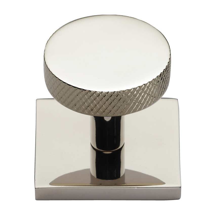 Disc Knurled Design Cabinet Knob on a Square Backplate in Polished Nickel - SQ3884-PNF
