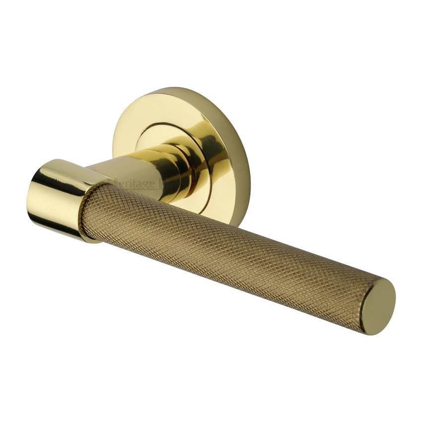 Phoenix Knurled Door Handle on Round Rose in Polished Brass - RS2018-PB