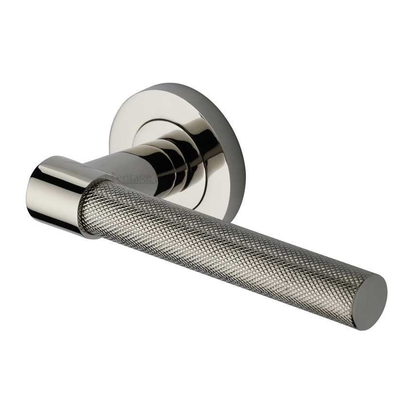 Phoenix Knurled Door Handle on Round Rose in Polished Nickel - RS2018-PNF