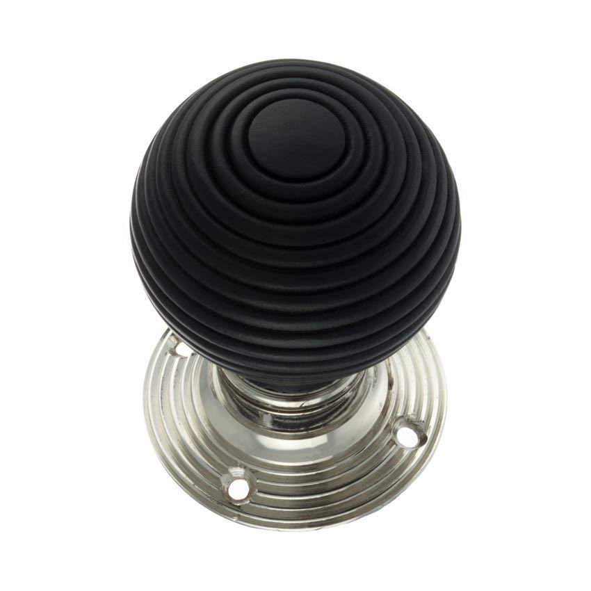 Old English Round Reeded Ebony Wood Mortice Knob With Polished Nickel Rose - OE60RREMKPN