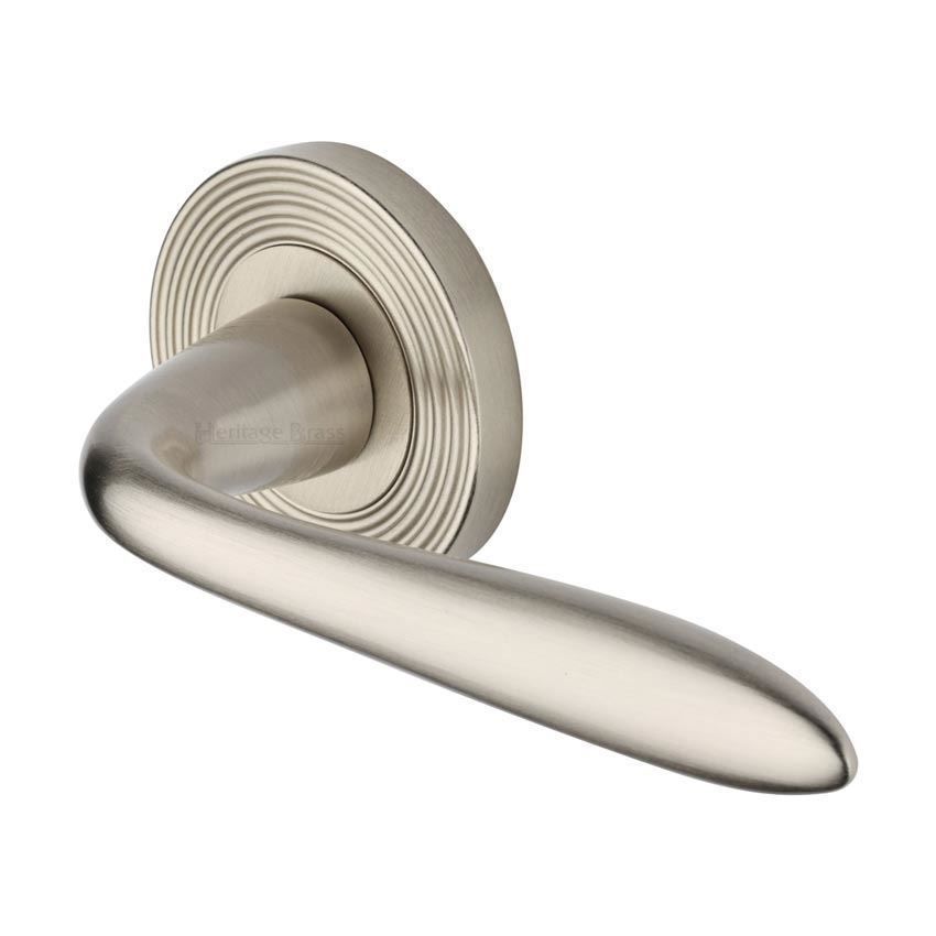 Sutton Reeded Door Handle on a Rose in Satin Nickel - RR1752SN