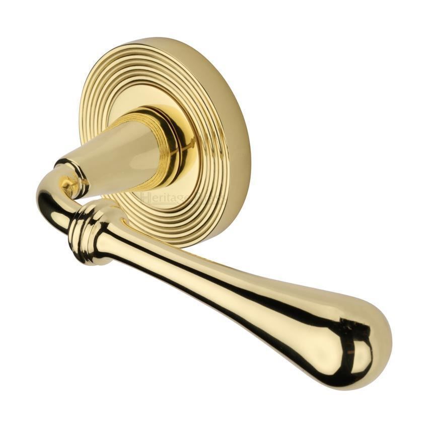 Roma Reeded Door Handle on a Rose in Polished Brass - RR7156PB