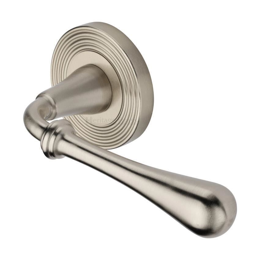 Roma Reeded Door Handle on a Rose in Satin Nickel - RR7156SN