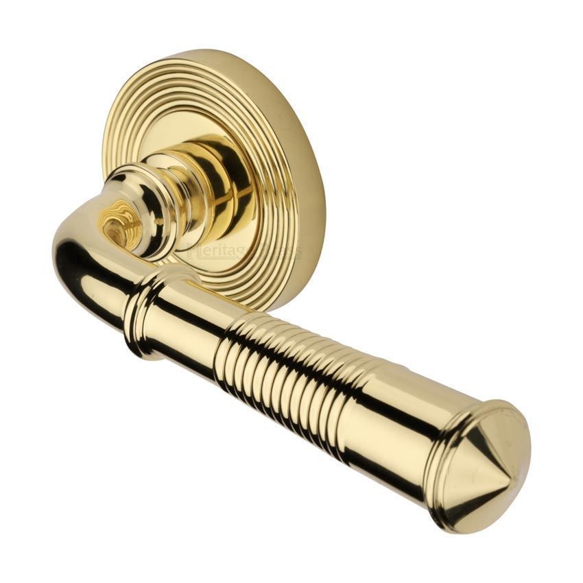 Bridgetown Reeded Door Handle on a Rose in Polished Brass - RR1935PB