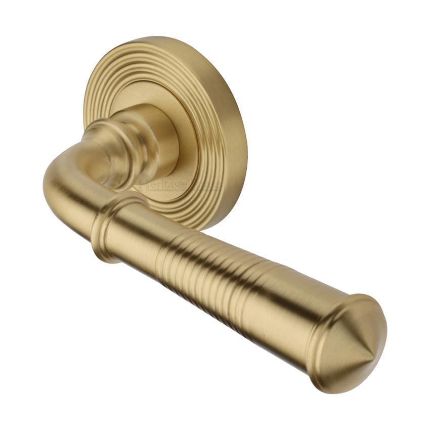 Bridgetown Reeded Door Handle on a Rose in Satin Brass - RR1935SB