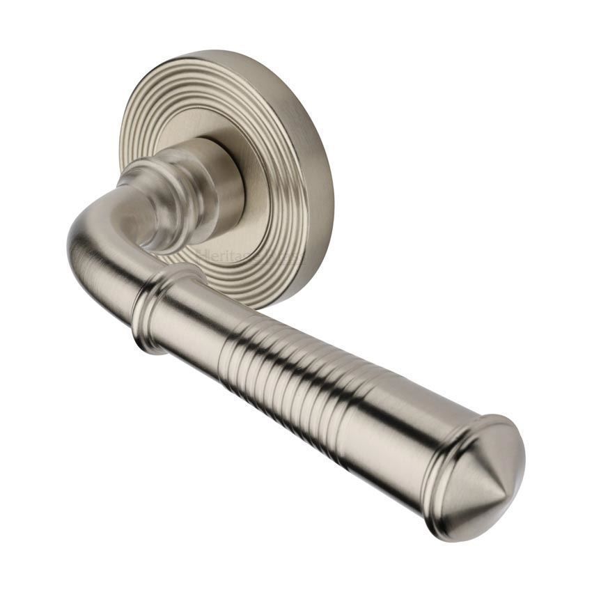 Bridgetown Reeded Door Handle on a Rose in Satin Nickel - RR1935SN