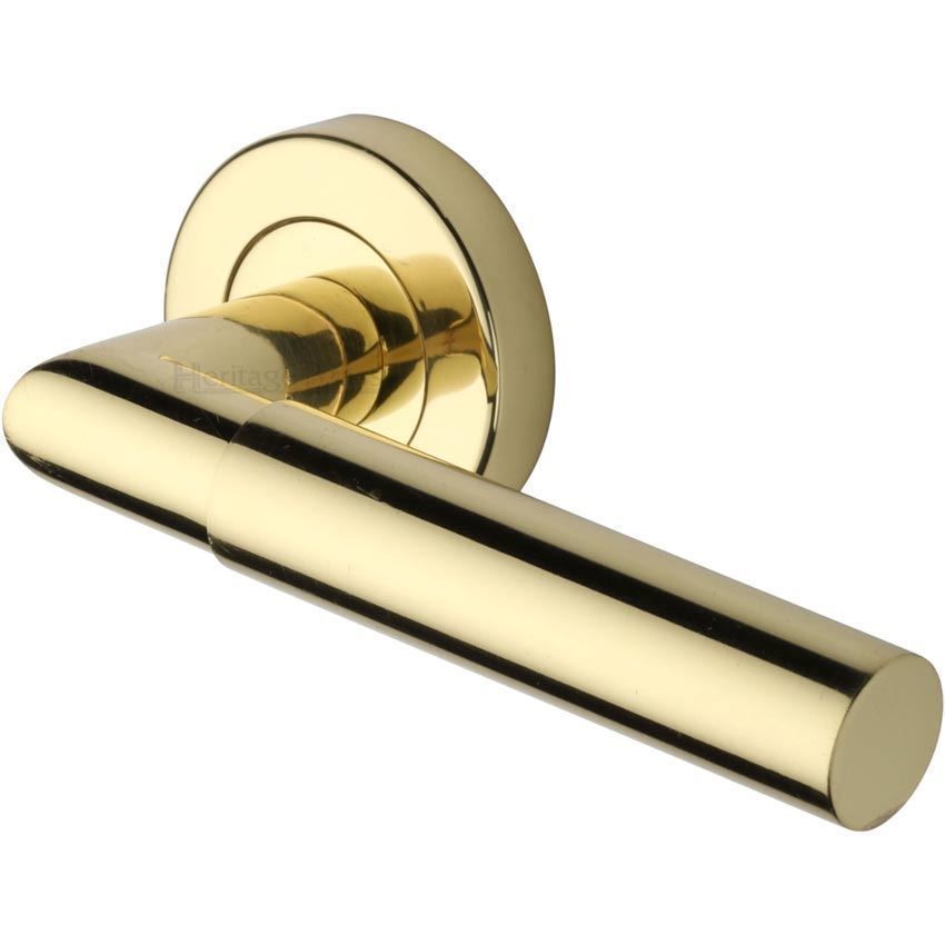 Bauhaus Mitre Door Handle on Round Rose in Polished Brass - V2270-PB