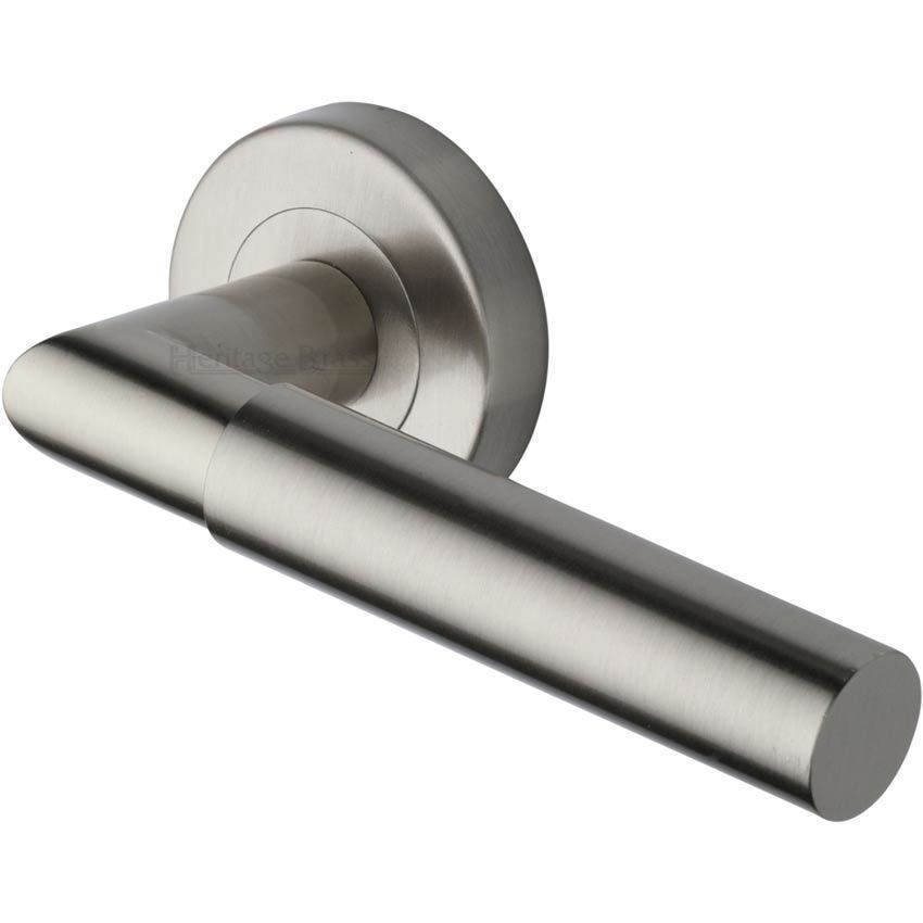 Bauhaus Mitre Door Handle on Round Rose in Satin Nickel - V2270-SN