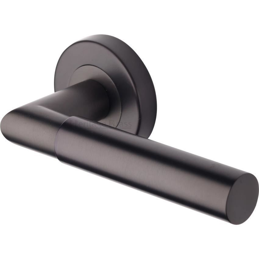 Bauhaus Mitre Door Handle on Round Rose in Matt Bronze - V2270-MB