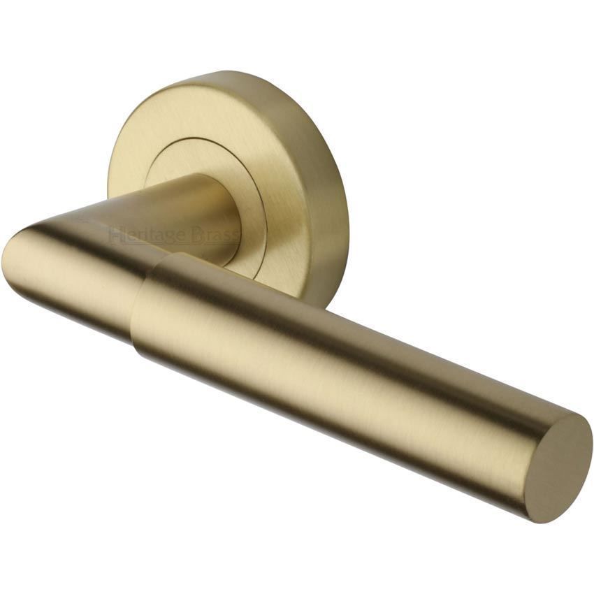 Bauhaus Mitre Door Handle on Round Rose in Satin Brass - V2270-SB