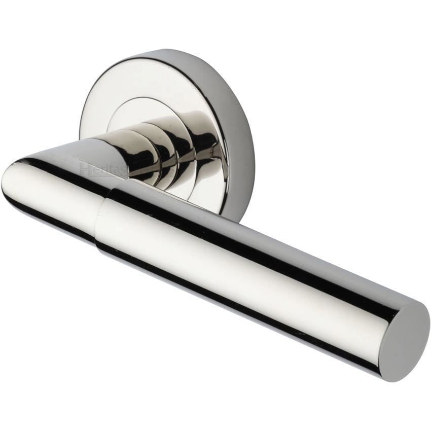 Bauhaus Mitre Door Handle on Round Rose in Polished Nickel - V2270-PNF