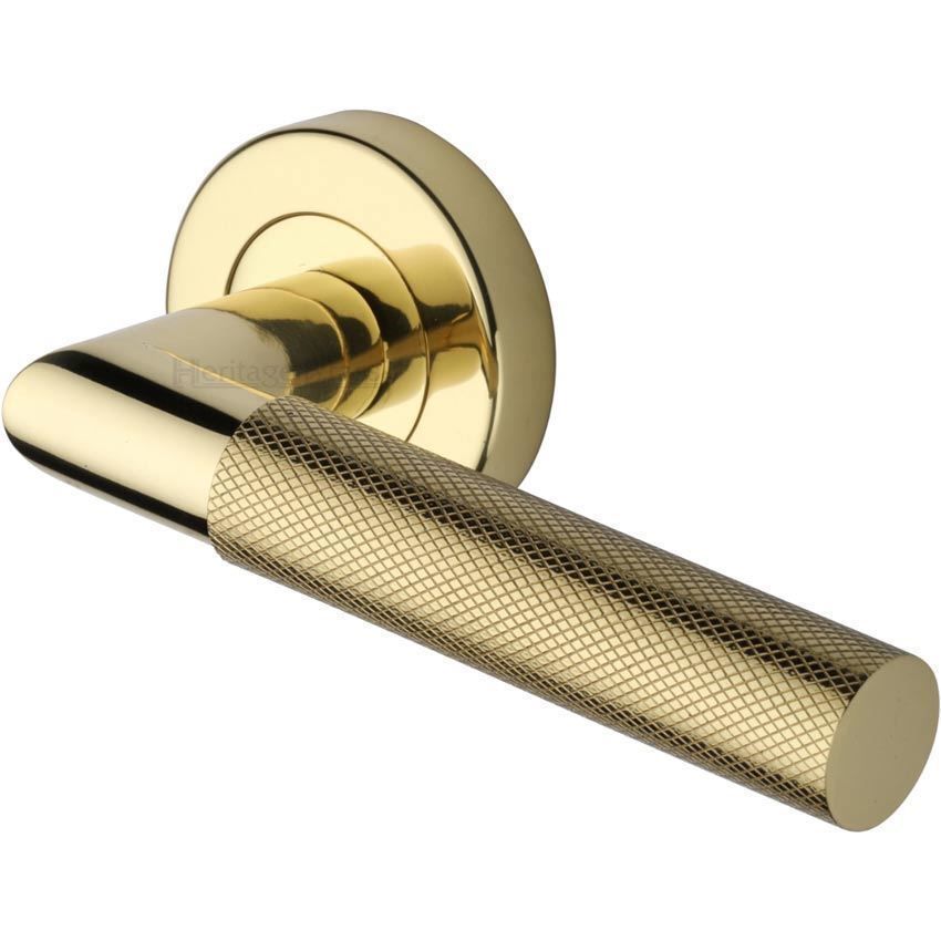 Bauhaus Mitre Knurled Door Handle on Round Rose in Polished Brass - V2272-PB