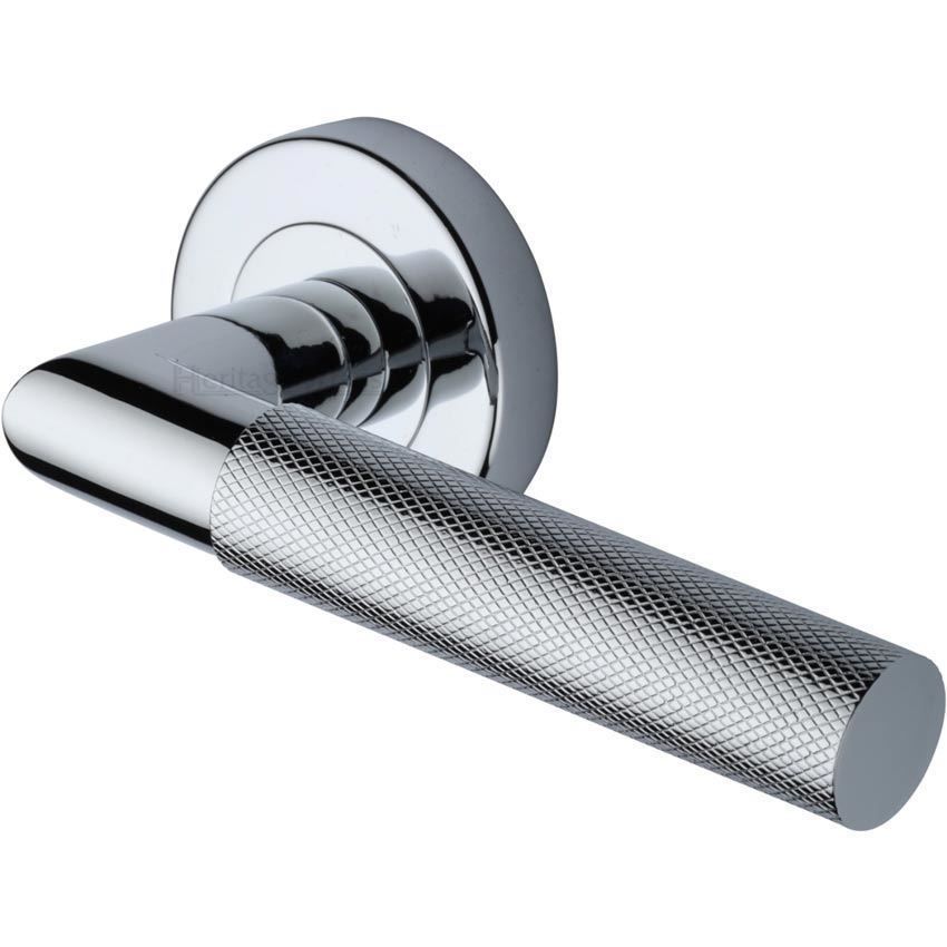 Bauhaus Mitre Knurled Door Handle on Round Rose in Polished Chrome - V2272-PC 