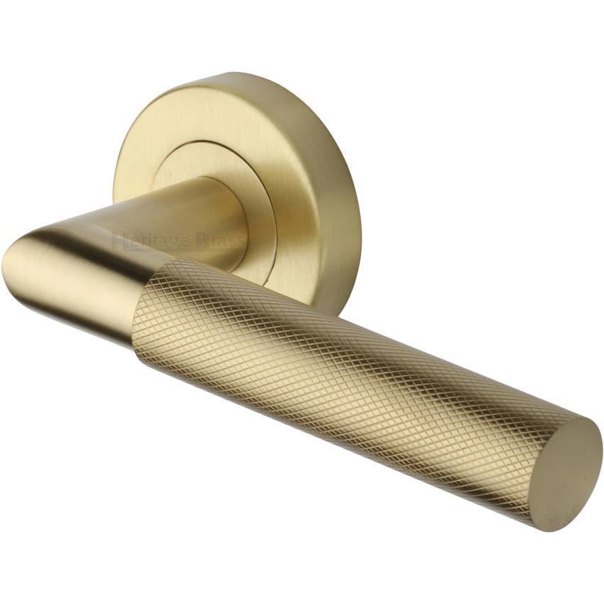 Bauhaus Mitre Knurled Door Handle on Round Rose in Satin Brass - V2272-SB