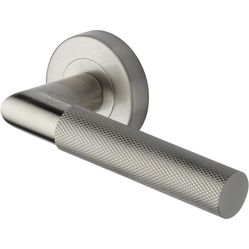 Bauhaus Mitre Knurled Door Handle on Round Rose in Satin Nickel - V2272-SN 