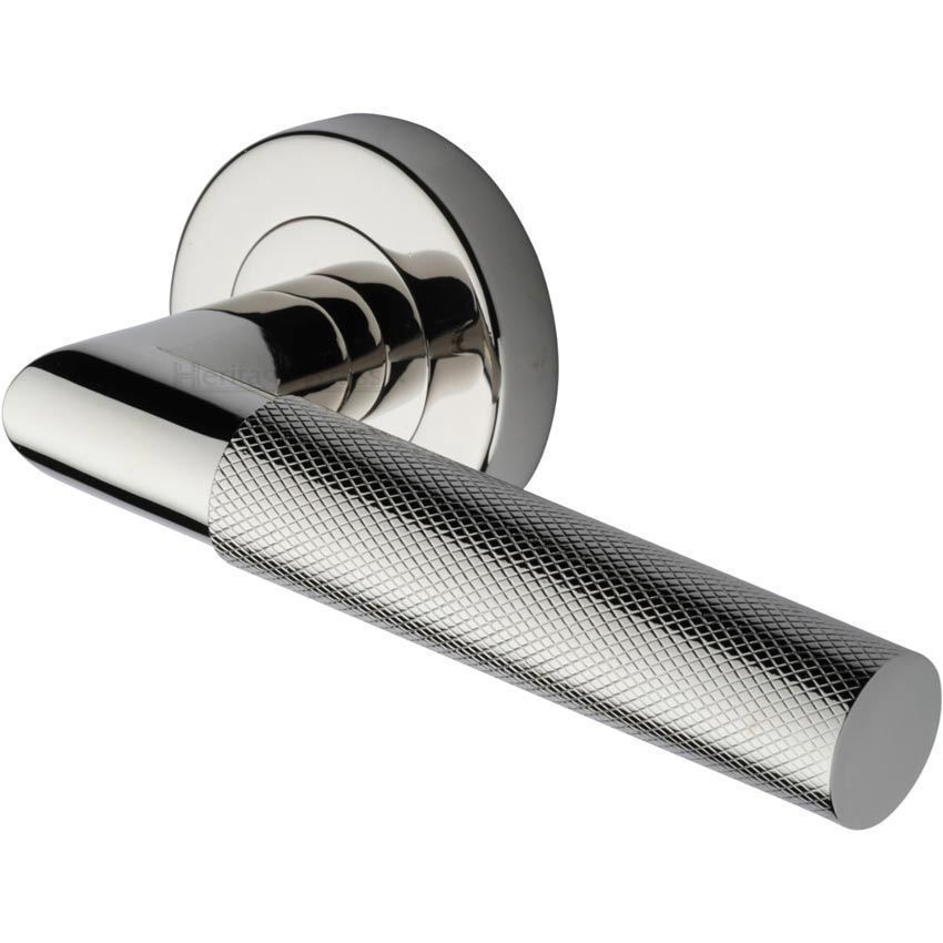 Bauhaus Mitre Knurled Door Handle on Round Rose in Polished Nickel - V2272-PNF