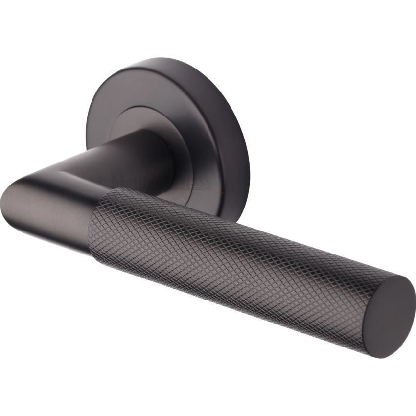 Bauhaus Mitre Knurled Door Handle on Round Rose in Matt Bronze - V2272-MB