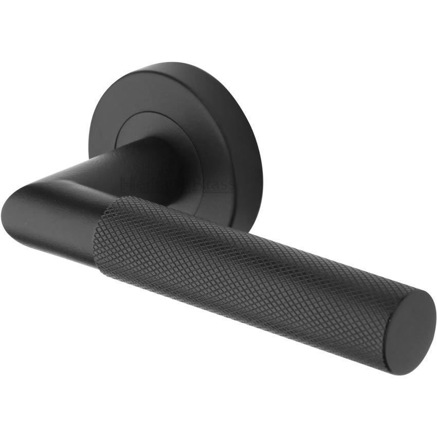 Bauhaus Mitre Knurled Door Handle on Round Rose in Matt Black - V2272-BKMT