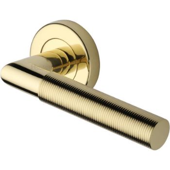 Bauhaus Mitre Reeded Door Handle on Round Rose in Polished Brass - V2274-PB Bauhaus Mitre Reeded Door Handle on Round Rose in Polished Brass - V2274-PB