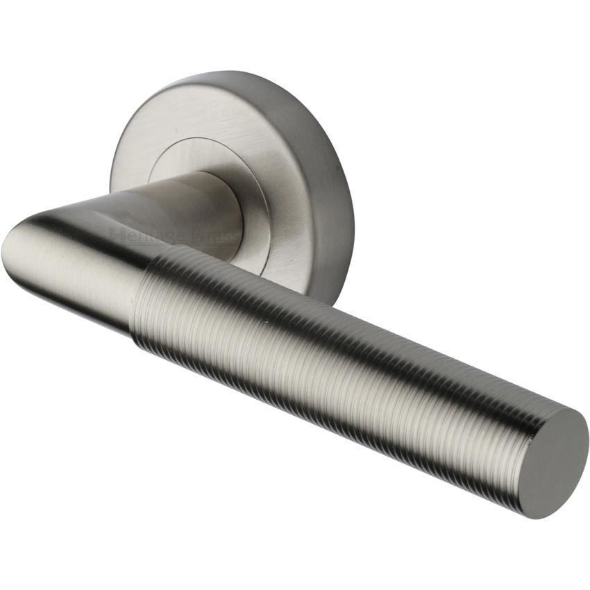 Bauhaus Mitre Reeded Door Handle on Round Rose in Satin Nickel - V2274-SN 