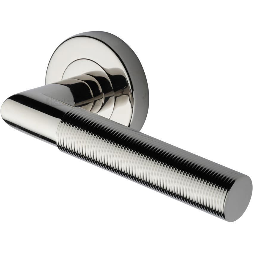 Bauhaus Mitre Reeded Door Handle on Round Rose in Polished Nickel - V2274-PNF 