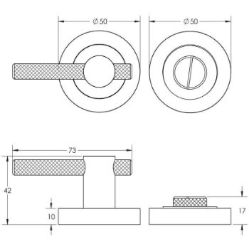 Technical Drawing of Frelan knurled wc turn and release in antique brass - JV855AB