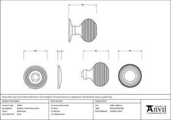 Picture of Satin Brass Beehive Centre Door Knob - 50887