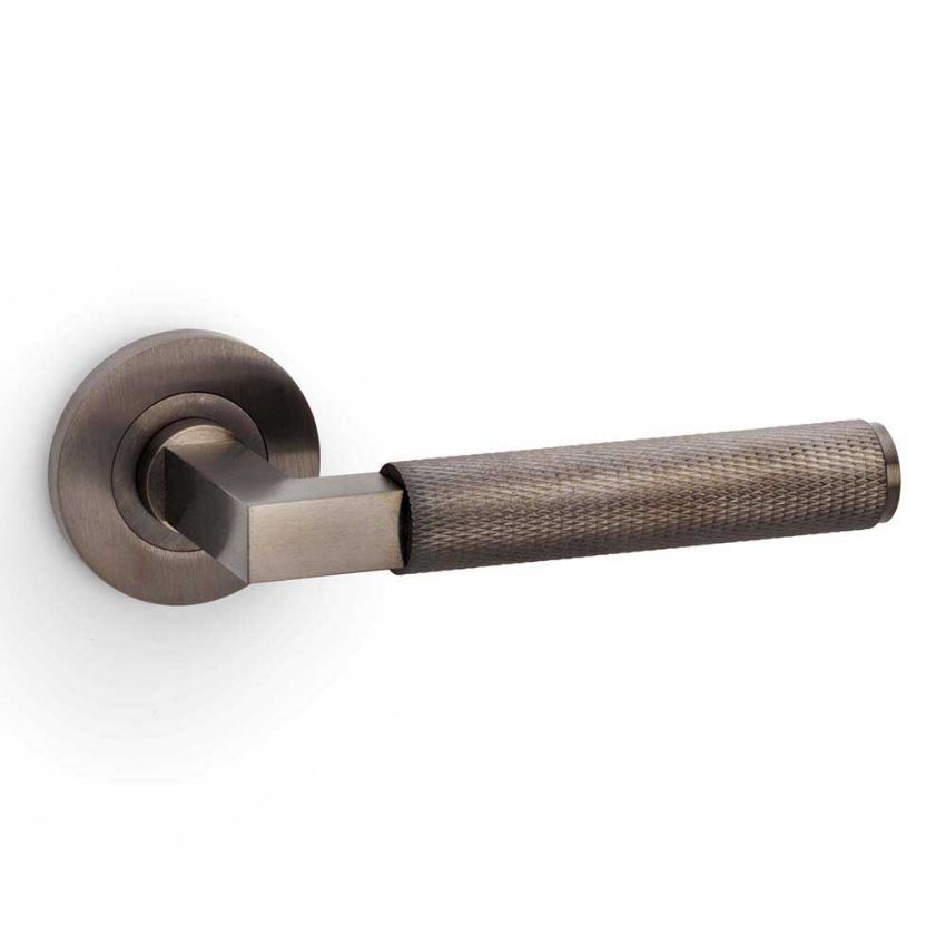 Picture of Hurricane Knurled Door Handle on Round Rose in PVD Dark Bronze - AW200DBZPVD
