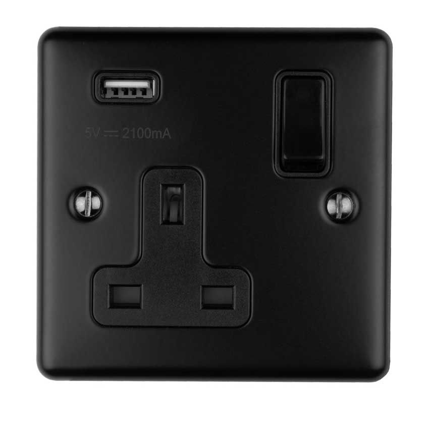 Picture of 1 Gang 13Amp Switched Single Socket With 2.1 Amp Usb Outlet In Matt Black - EN1USBMBB
