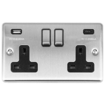 Picture of 2 Gang 13Amp Switched Socket With 3.1Amp Usb C Outlet. Stainless Steel With Matching Rockers - EN2USBCSSB