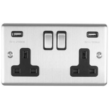 Picture of 2 Gang 13Amp Switched Double Socket With 2 x 3.1 Amp USB Outlets In Satin Stainless Steel - EN2USBSSB