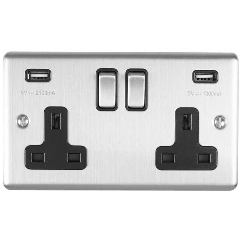 Picture of 2 Gang 13Amp Switched Double Socket With 2 x 3.1 Amp USB Outlets In Satin Stainless Steel - EN2USBSSB