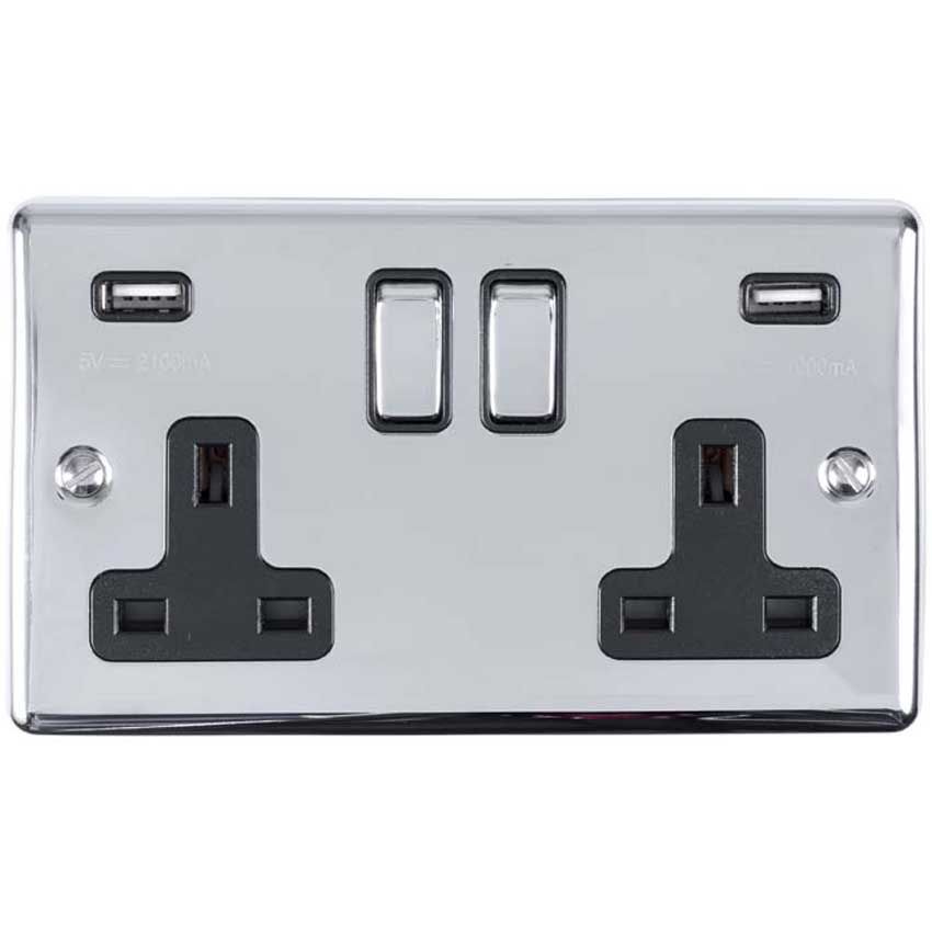 Picture of 2 Gang 13Amp Switched Socket With 2 x 3.1 Amp USB Outlets In Polished Chrome - EN2USBPCB