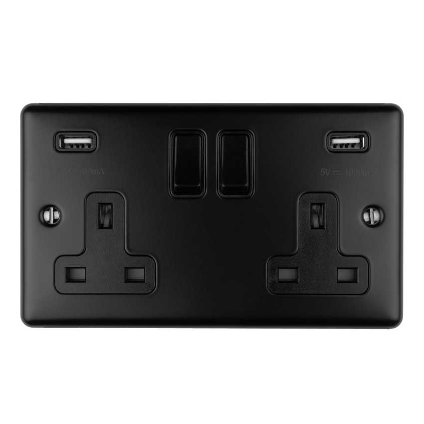 Picture of 2 Gang 13Amp Switched Socket With 2 x 3.1 Amp USB Outlets In Matt Black - EN2USBMBB