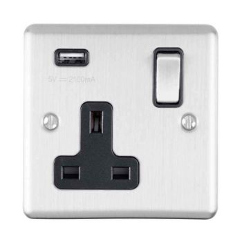 Picture of 1 Gang 13Amp Switched Single Socket With 2.1 Amp USB Outlet In Satin Stainless Steel - EN1USBSSB