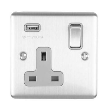 Picture of 1 Gang 13Amp Switched Single Socket With 2.1 Amp USB Outlet In Satin Stainless Steel - EN1USBSSB