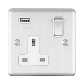 Picture of 1 Gang 13Amp Switched Single Socket With 2.1 Amp USB Outlet In Satin Stainless Steel - EN1USBSSB