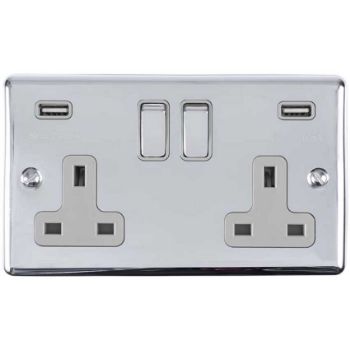 Picture of 2 Gang 13Amp Switched Socket With 2 x 3.1 Amp USB Outlets In Polished Chrome - EN2USBPCB