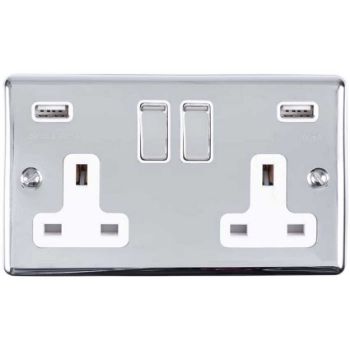 Picture of 2 Gang 13Amp Switched Socket With 2 x 3.1 Amp USB Outlets In Polished Chrome - EN2USBPCB