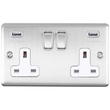 Picture of 2 Gang 13Amp Switched Double Socket With 2 x 3.1 Amp USB Outlets In Satin Stainless Steel - EN2USBSSB