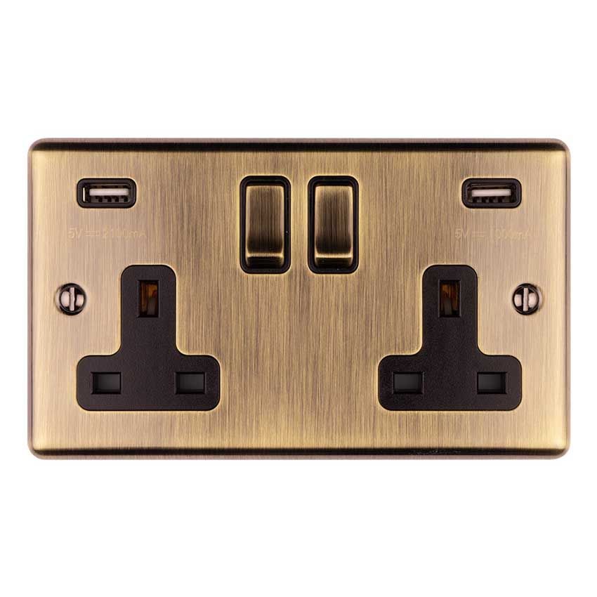 Picture of 2 Gang 13Amp Switched Double Socket With 2 x 3.1 Amp USB Outlets In Antique Brass - EN2USBABB