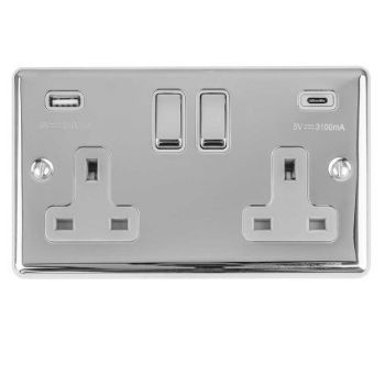 Picture of 2 Gang 13Amp Switched Socket With 3.1Amp Usb C Outlet. Polished Chrome With BMatching Rockers - EN2USBCPCB