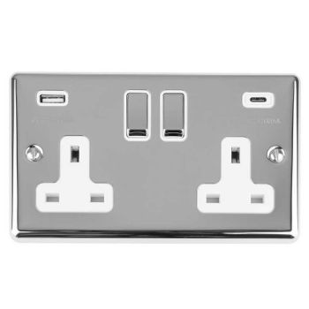 Picture of 2 Gang 13Amp Switched Socket With 3.1Amp Usb C Outlet. Polished Chrome With BMatching Rockers - EN2USBCPCB
