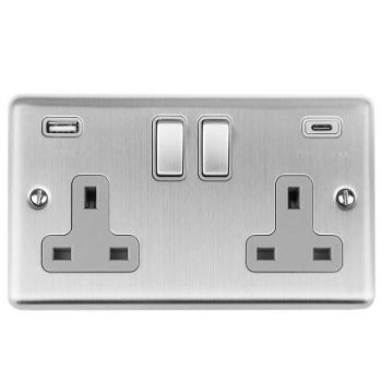 Picture of 2 Gang 13Amp Switched Socket With 3.1Amp Usb C Outlet. Stainless Steel With Matching Rockers - EN2USBCSSB