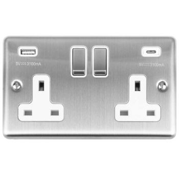 Picture of 2 Gang 13Amp Switched Socket With 3.1Amp Usb C Outlet. Stainless Steel With Matching Rockers - EN2USBCSSB